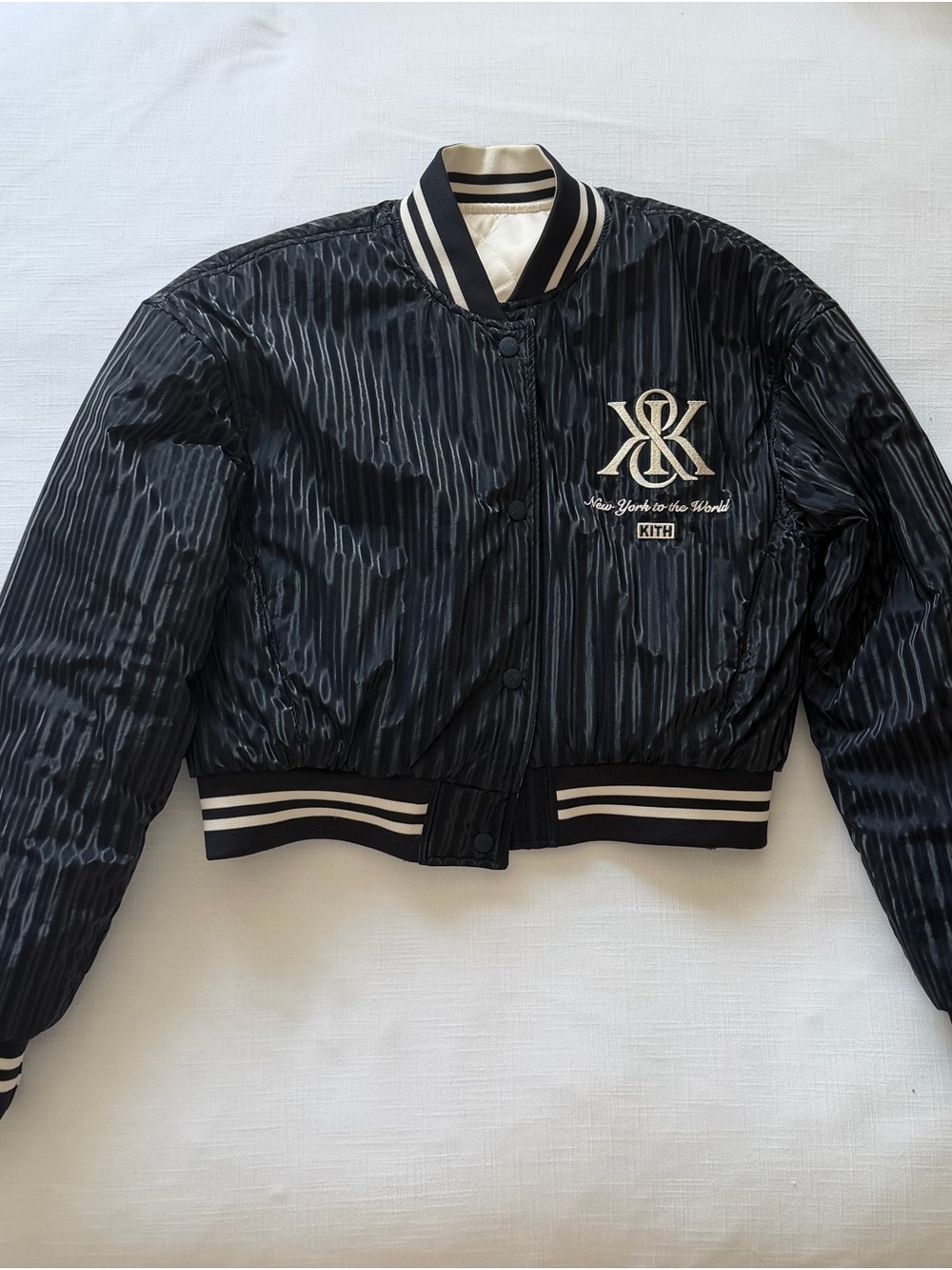 Kith Black Cropped Varsity Satin Bomber Jacket with Cream Trim